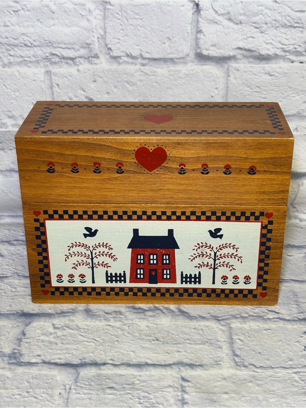 The Country Home Wood Box Greeting Card Organizer Recipe Primitive House Heart